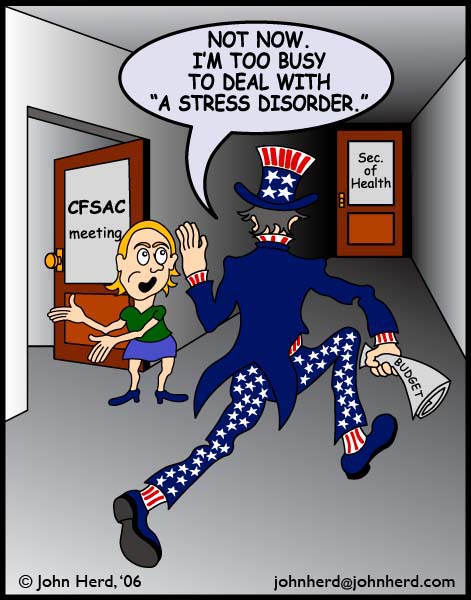 Cartoon ME/CFS Advocacy: Uncle Sam, "Not Now, I'm too busy to deal with a stress disorder."